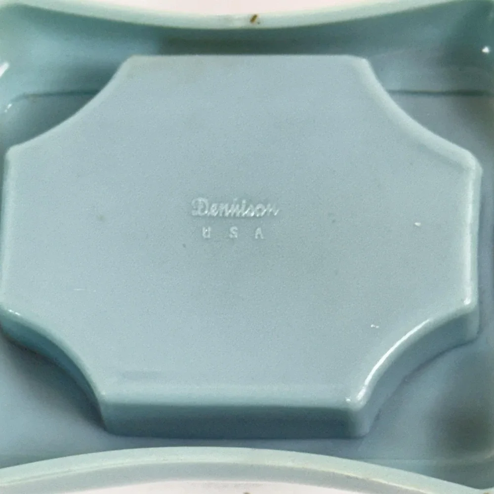 Vintage Dennison Blue Plastic Ring Box Art Deco Velvet Jewelry Case USA